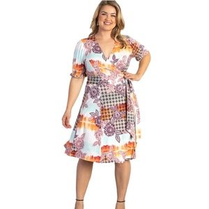 Kiyonna Elbow Sleeve Tuscan Tie Wrap Dress 0X in Prismatic Sunset